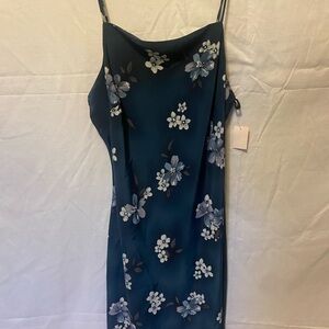 Floral Slip Dress Teal Blue Sleeveless Midi Dress Casual Party Size 14